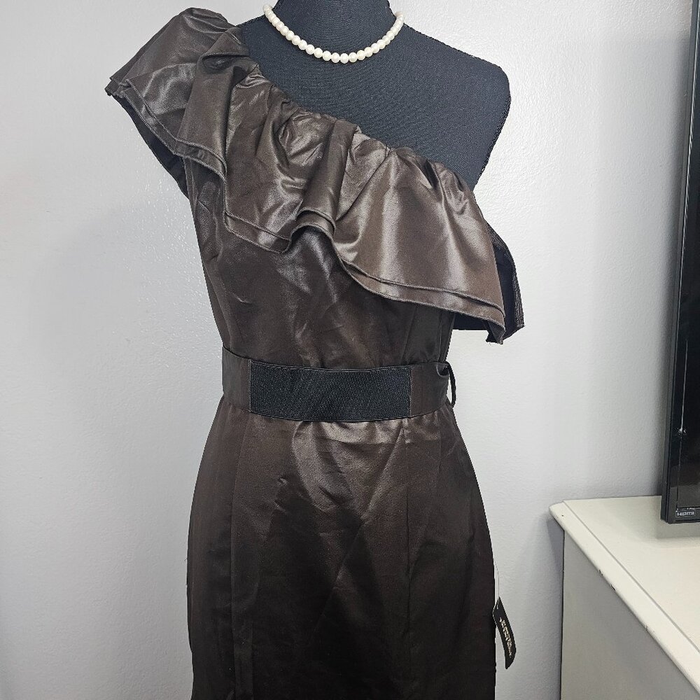 NEW Forever 21 Brown Satin One-Shoulder Leather-Look Dress – Size Medium - Picture 2 of 5